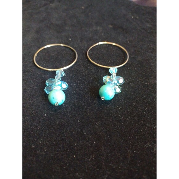 Sterling Silver Dangling Hoop Earrings Turquoise Beaded Native American Jewelry - Picture 3 of 4